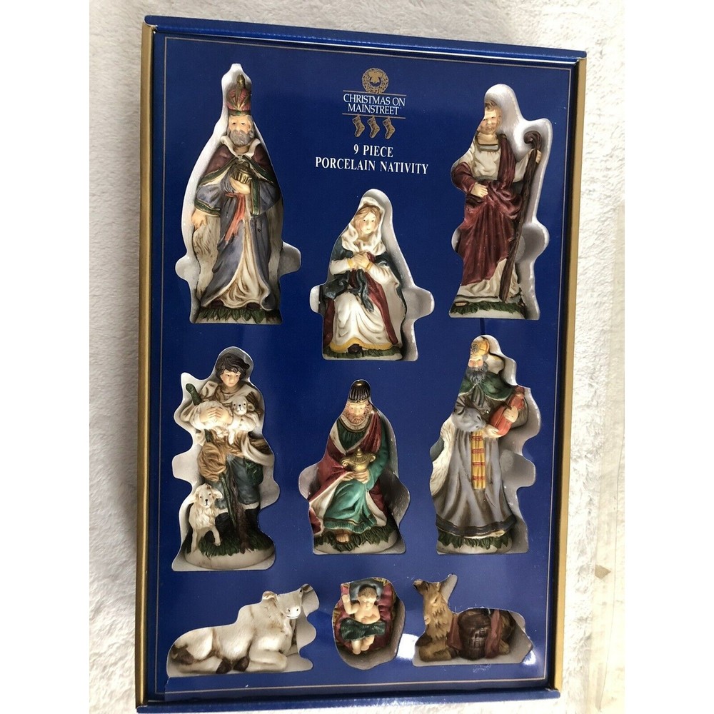 Christmas On Mainstreet 9 PC Porcelain Nativity Set Hand Painted